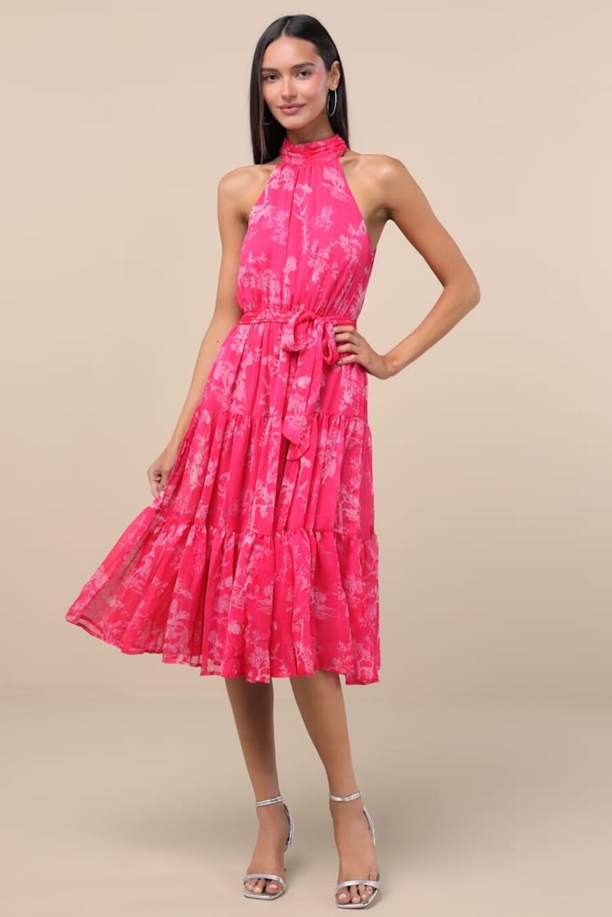 NWT Lulus Float to You Hot Pink Floral Print Halter-Neck Tiered Midi Dress Sz M